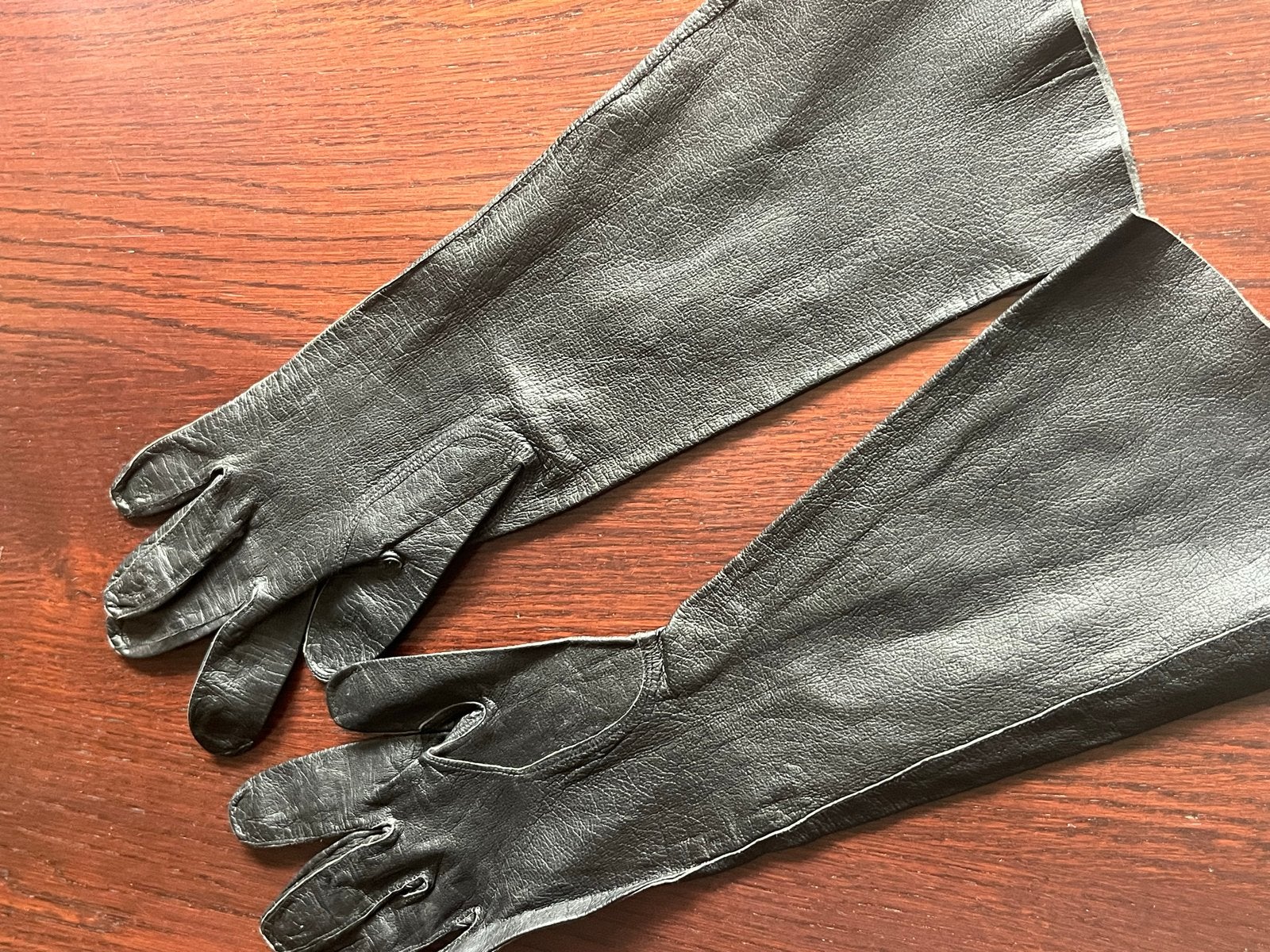 Vintage Lange Zwarte Leren Handschoenen Maat 7, Ophalen of Verzenden, Dames
