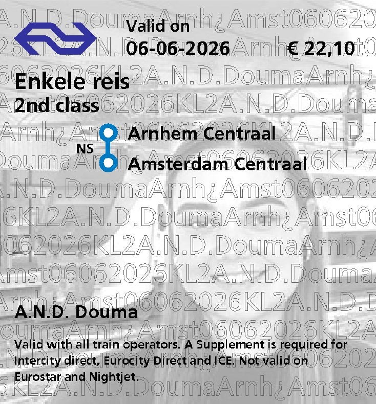 Treinticket Arnhem -> Amsterdam (geldig op 6 juni), Eén persoon, Trein, Nederland, Met bestemming of datum