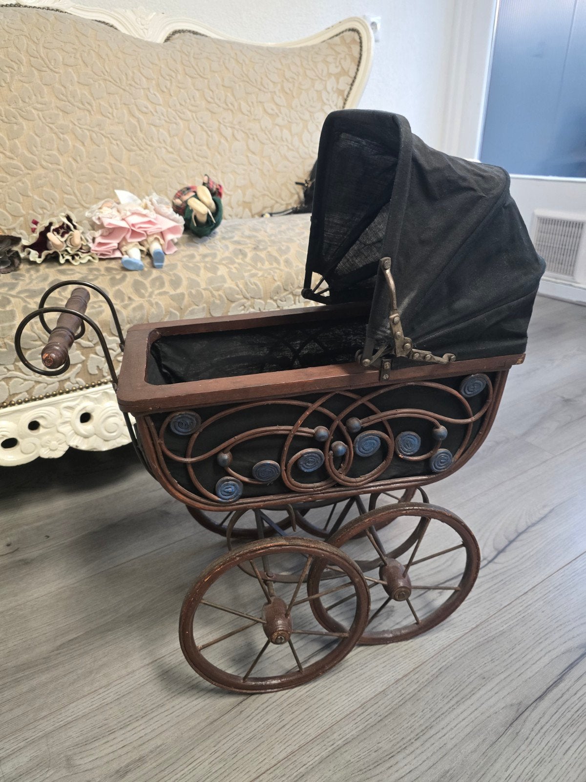 Antieke Poppenwagen - Hout en Metaal, Ophalen of Verzenden