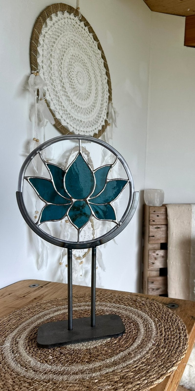 Blauwe lotus glas in lood raam rond, Doe-het-zelf en Verbouw, Glas en Ramen, Minder dan 80 cm, Overige typen, Ophalen of Verzenden