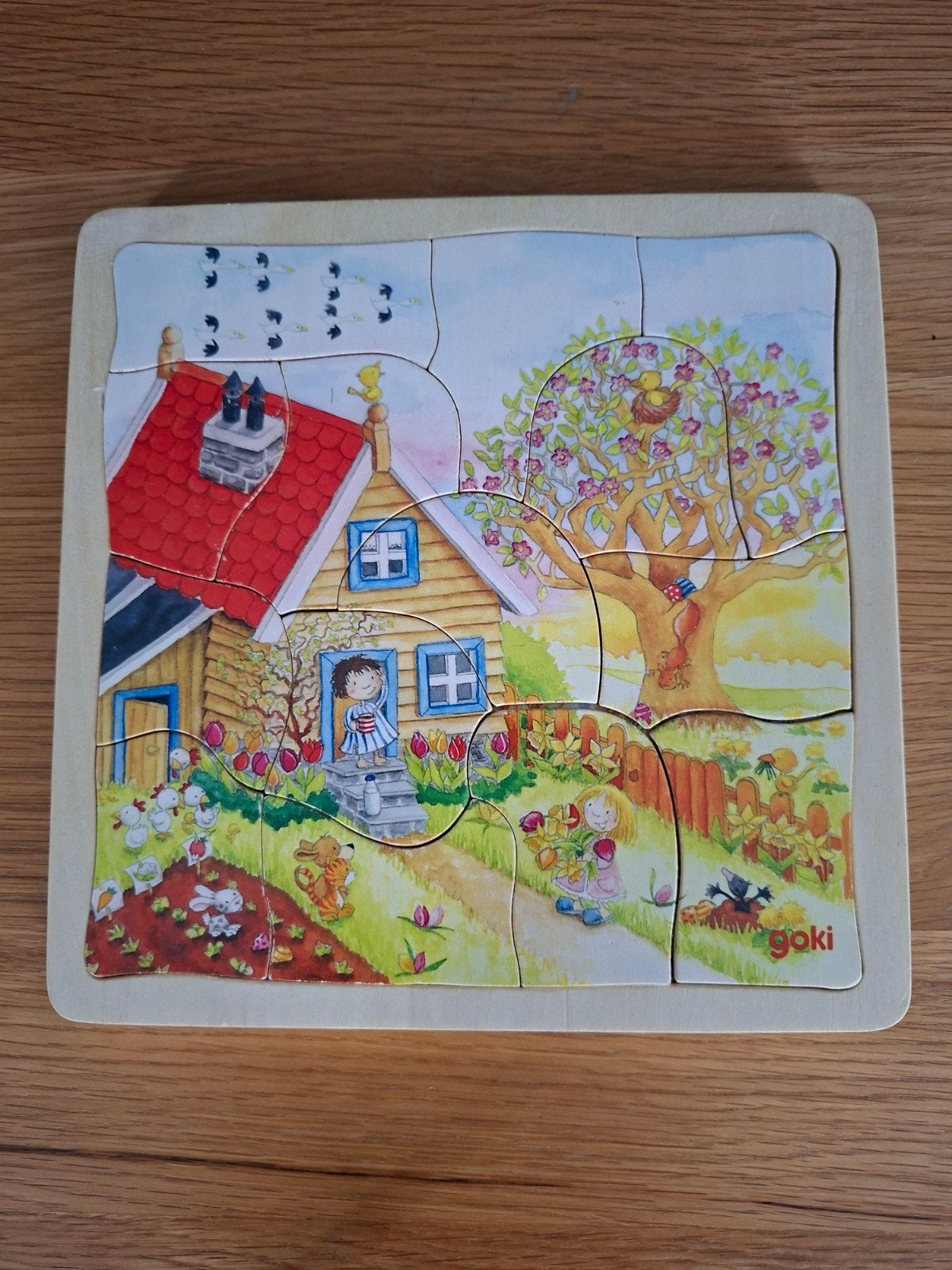 Goki Houten Legpuzzel Boerderij met Dieren, 2 tot 4 jaar, 10 tot 50 stukjes, Ophalen of Verzenden, Zo goed als nieuw