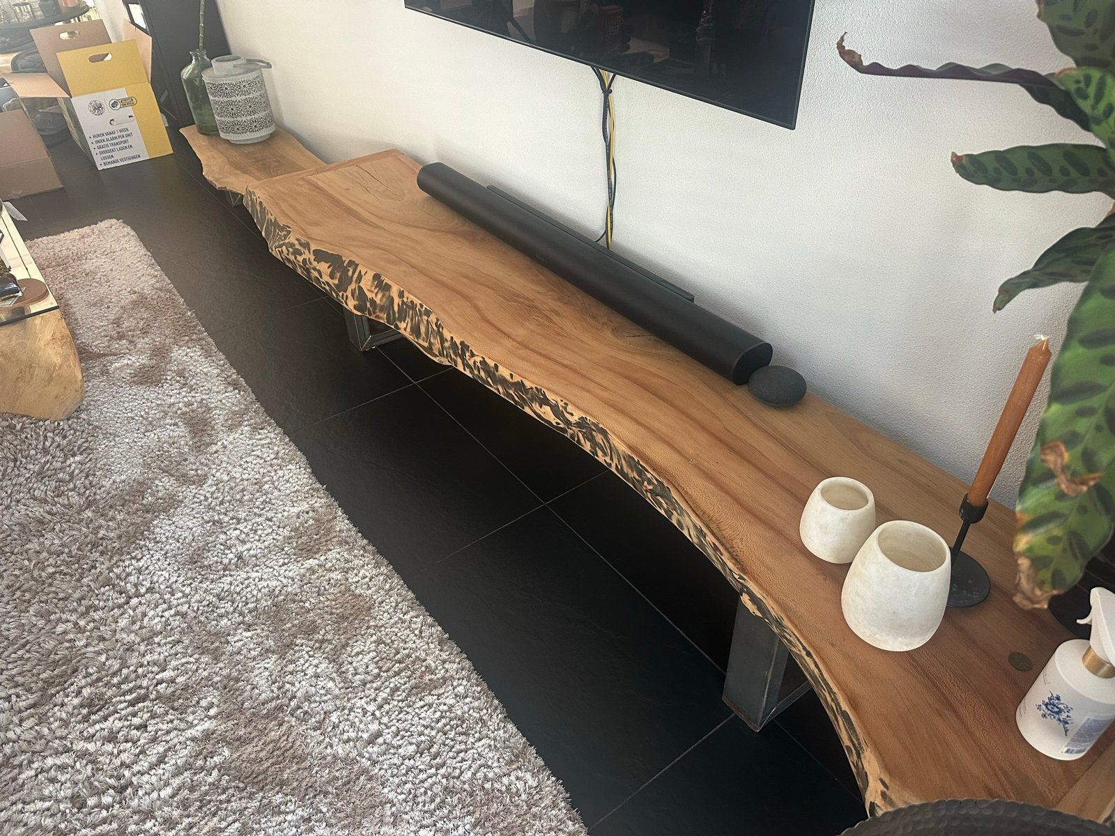 Uniek Boomstam Plank TV Meubel - Robuust en Stijlvol, Ophalen, Gebruikt, 200 cm of meer, Minder dan 100 cm