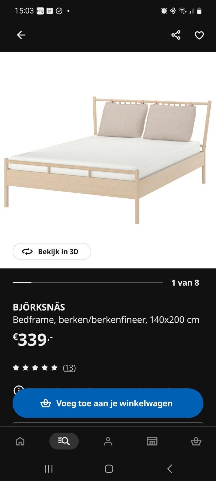 IKEA BJÖRKSNÄS Bedframe 140x200 cm Berken, Ophalen, Gebruikt, Beige, Tweepersoons