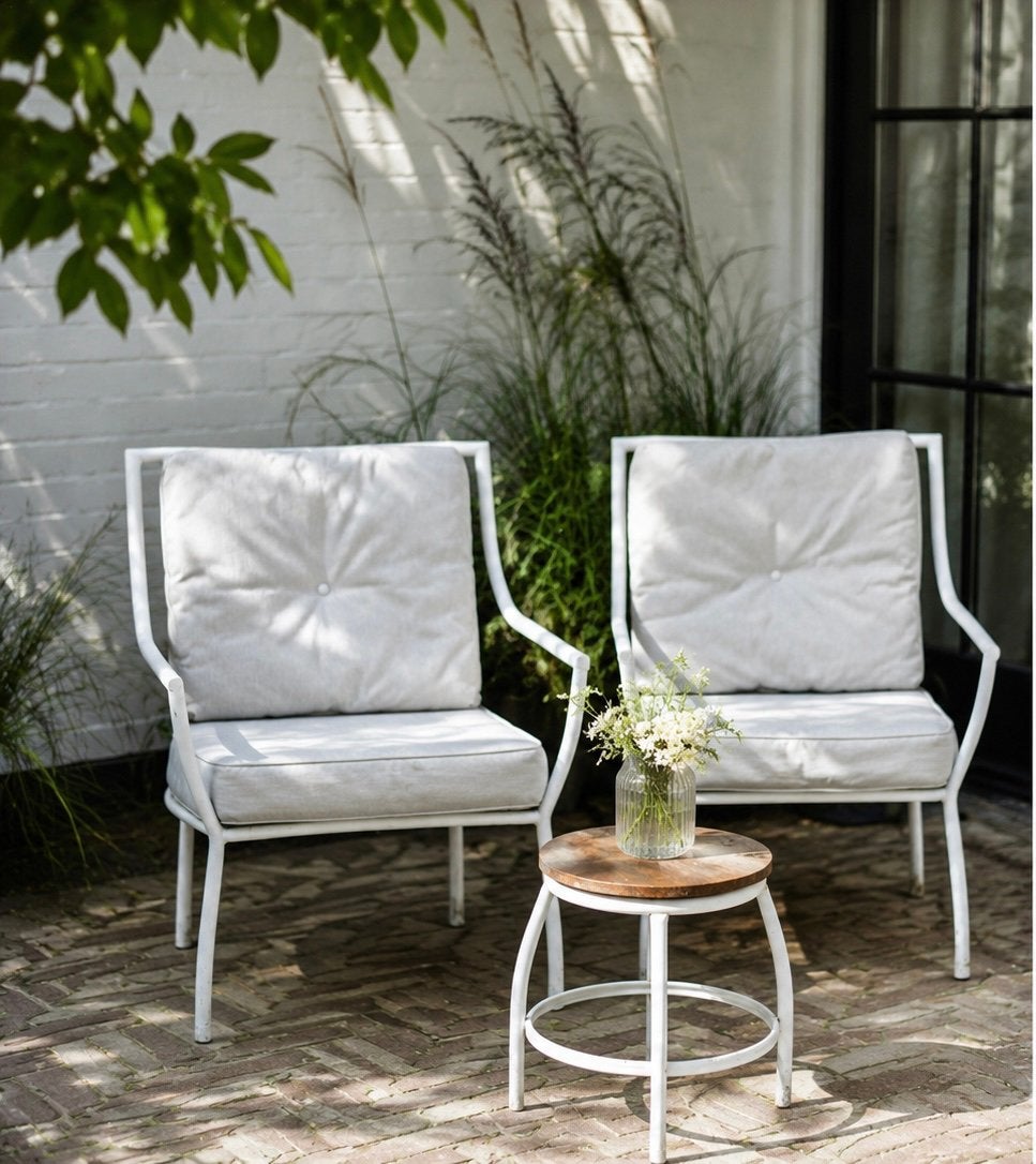 Tuinstoelen met kussens en bijzettafel, Tuin en Terras, Gebruikt, Aluminium, Stoel, Tuinset