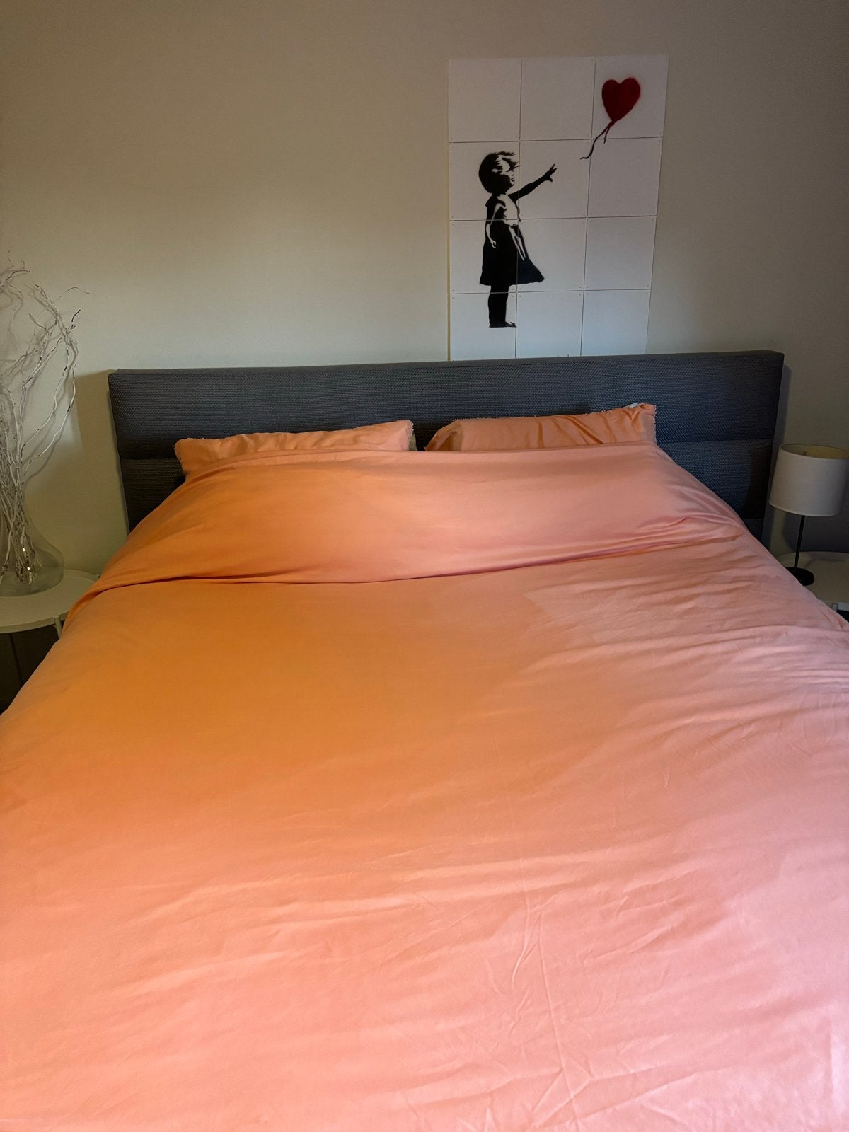 Karlsson Boxspring Grijs 200x200 cm met matrassen en topper, Ophalen, Gebruikt, Tweepersoons, Overige maten