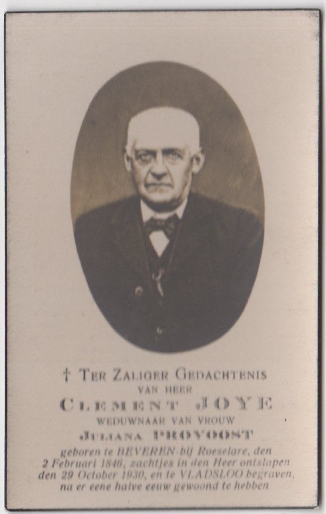 Clement Joye 1846 Beveren + 1930 Vladsloo, 84 jaar oud, Ophalen of Verzenden