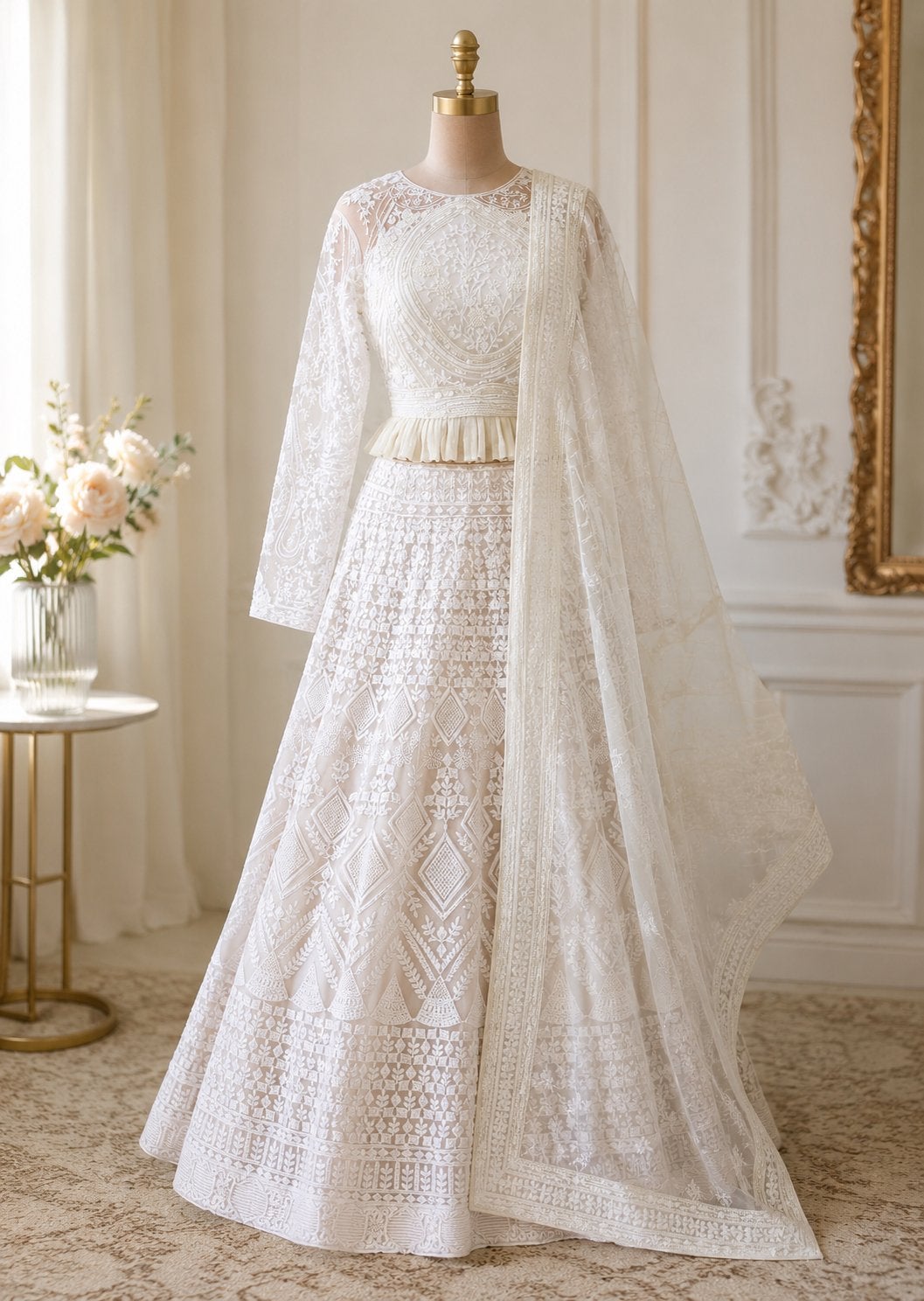 Elegante Witte Lengja met Kant en Borduurwerk - Maat XS/S, Kleding | Dames, Gelegenheidskleding, Overige typen, Wit, Ophalen of Verzenden