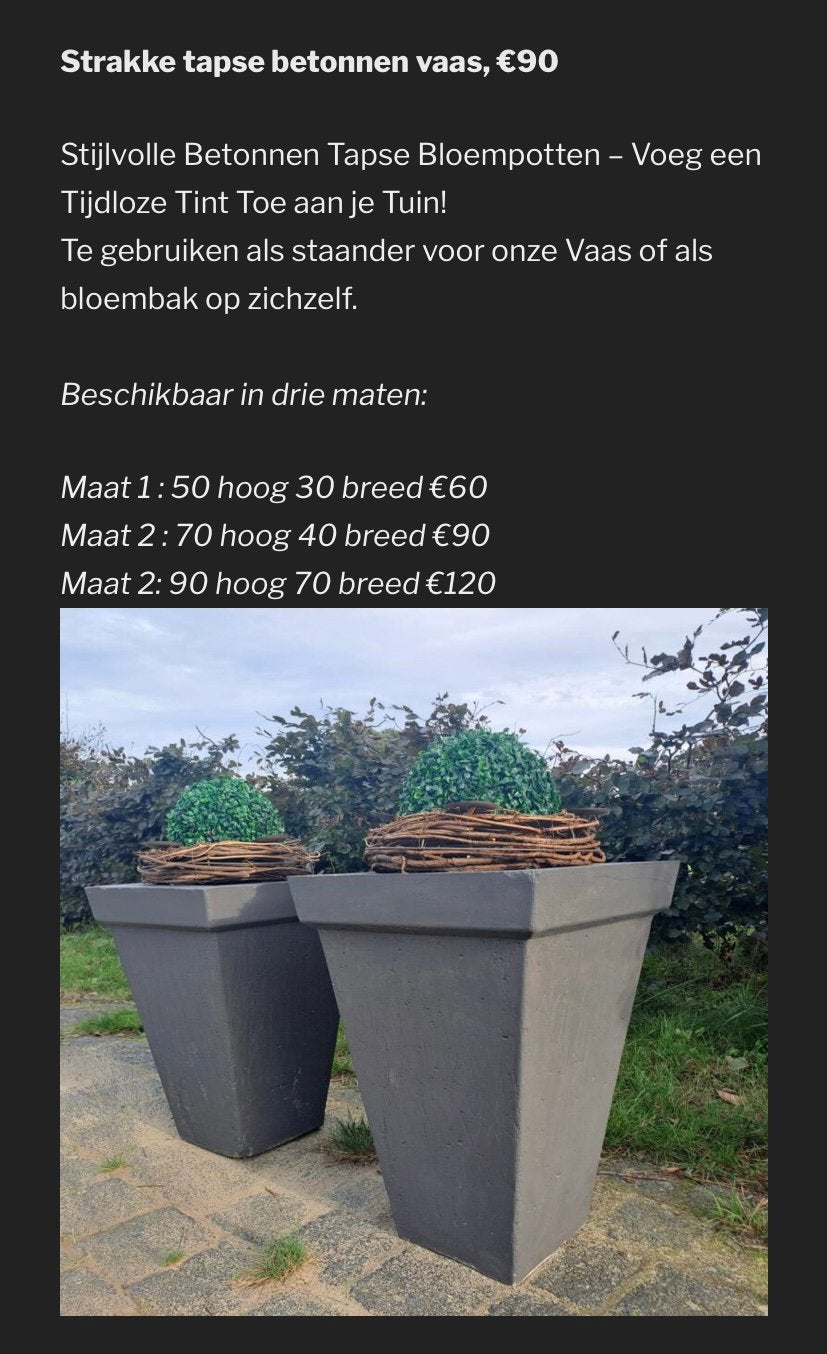 Strakke tapse betonnen bloembakken en plantenbakken, Ophalen, Nieuw, 60 tot 100 cm, Beton