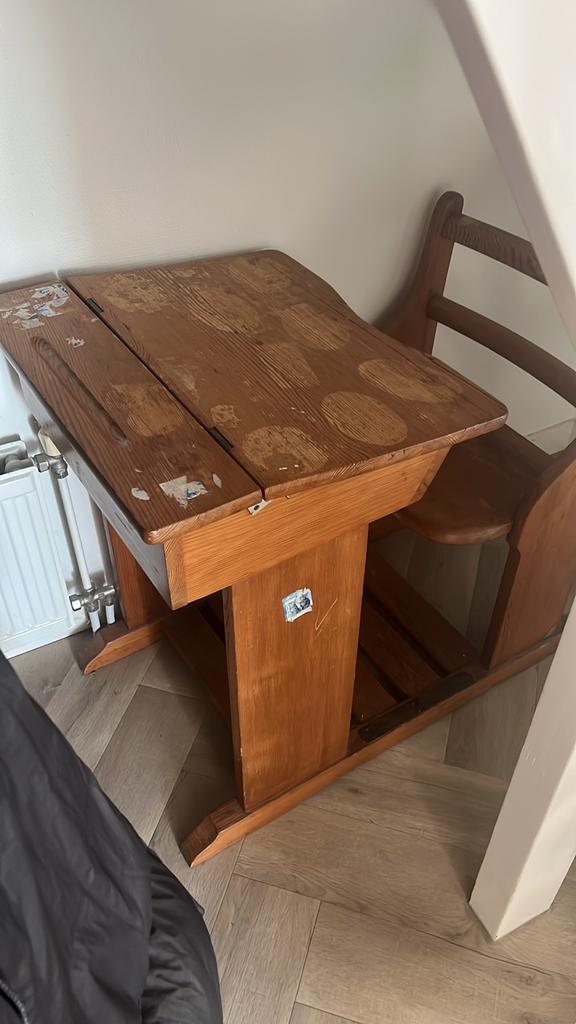 Vintage houten schoolbank met stoel, Ophalen of Verzenden