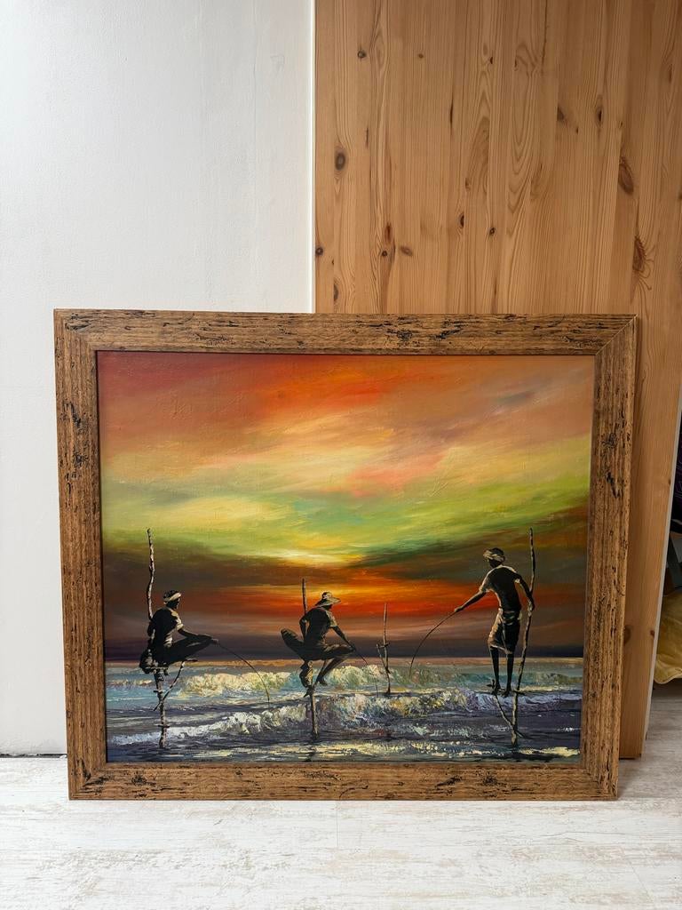Ingelijst schilderij Sri Lankaanse vissers bij zonsondergang, Ophalen