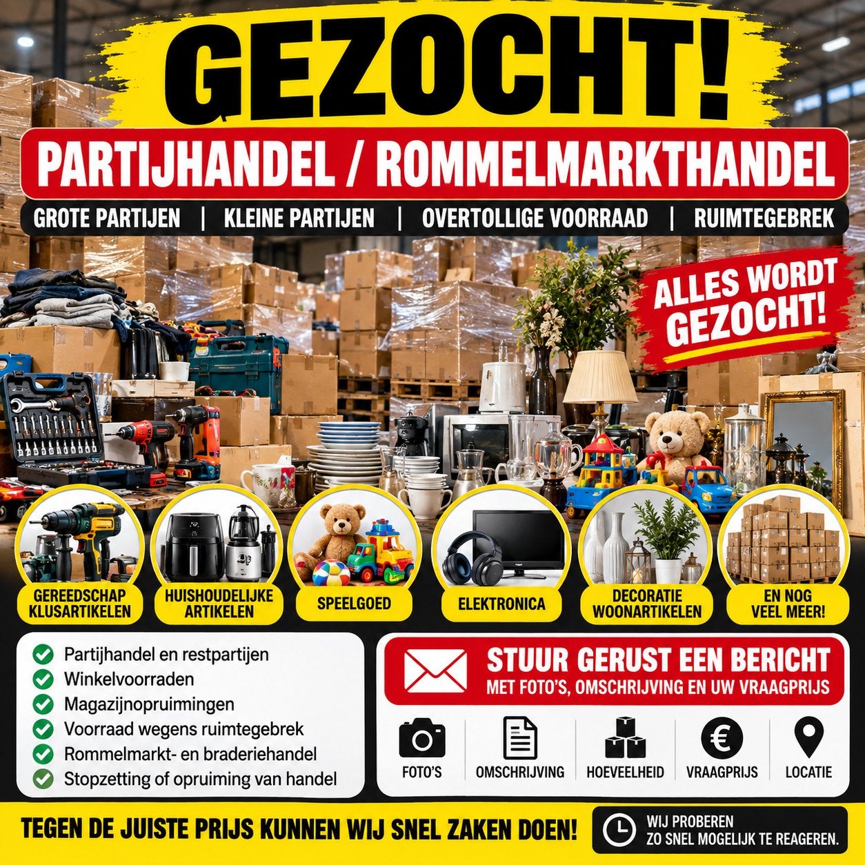 GEZOCHT: PARTIJHANDEL / RESTPARTIJEN / OVERTOLLIGE VOORRAAD, Ophalen, Nieuw