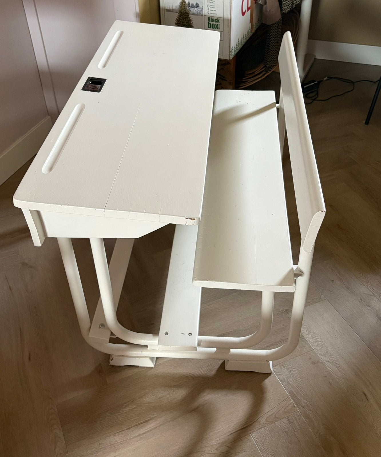 Hele mooie witte vintage schoolbank, Huis en Inrichting, Bureaus, Ophalen, Gebruikt, Wit