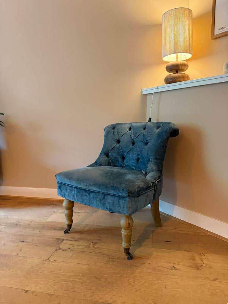 Prachtige blauwe fauteuil, Huis en Inrichting, Fauteuils, Ophalen, Zo goed als nieuw