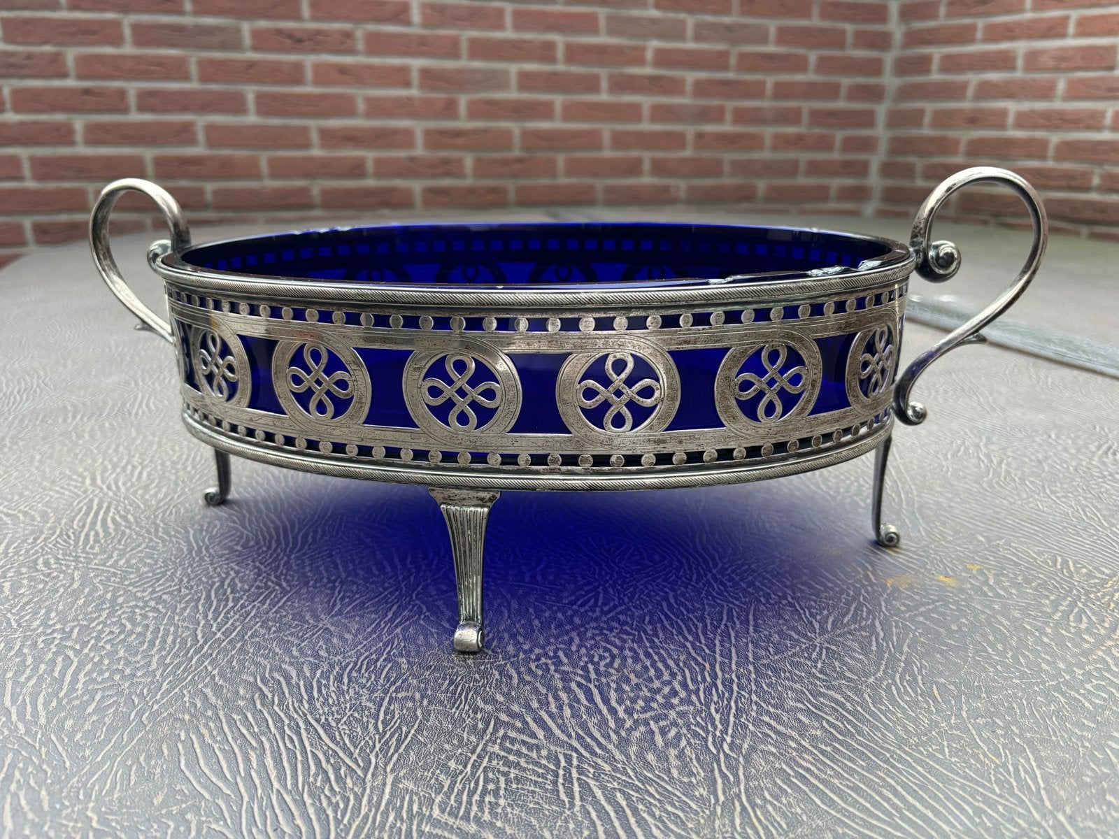 Antieke Nederlandse Zilveren Jardinière met Blauw Glas, Ophalen of Verzenden, Zilver