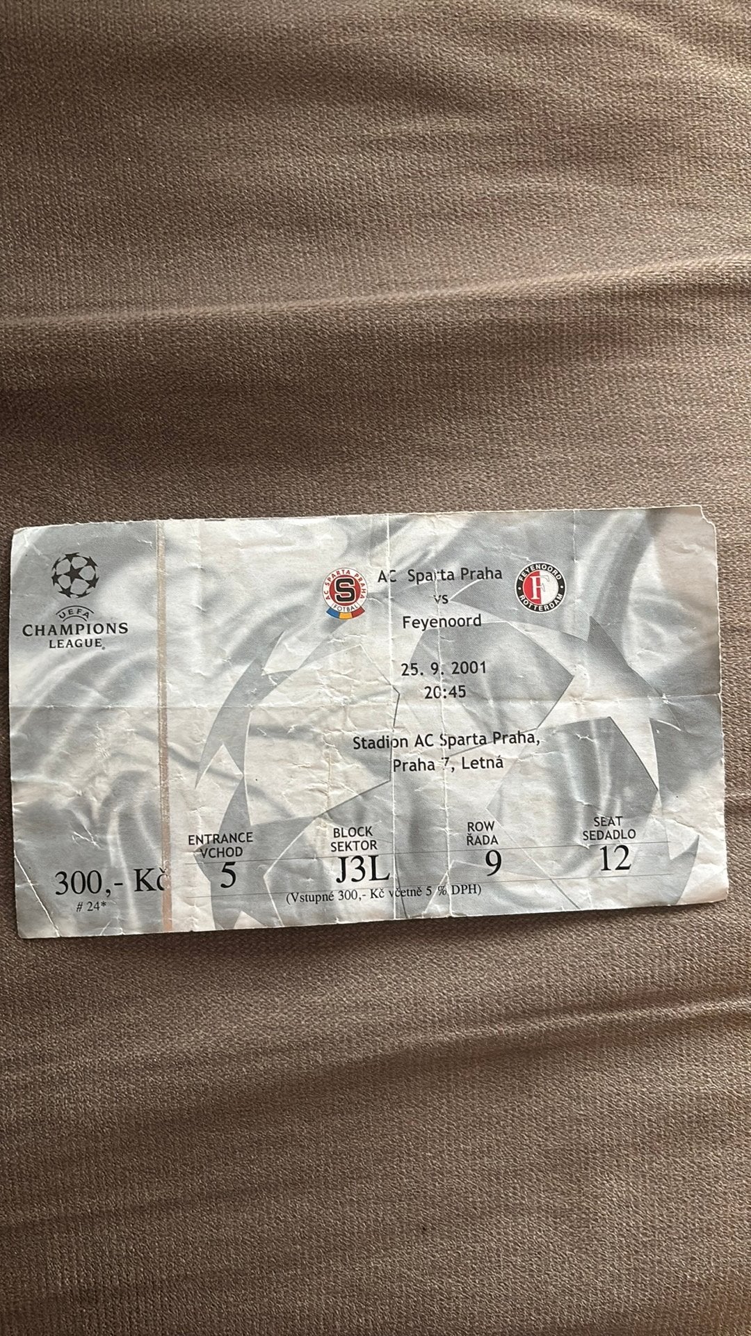 Oud stadionticket feyenoord AC sparta praha 2001, Ophalen of Verzenden, Feyenoord