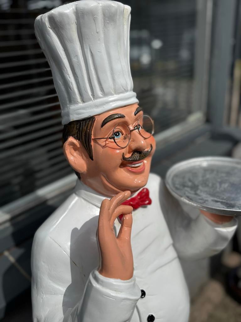 Grote Chef-kok Beeld met Dienblad - Decoratie Horeca, Ophalen, Zo goed als nieuw, Mens