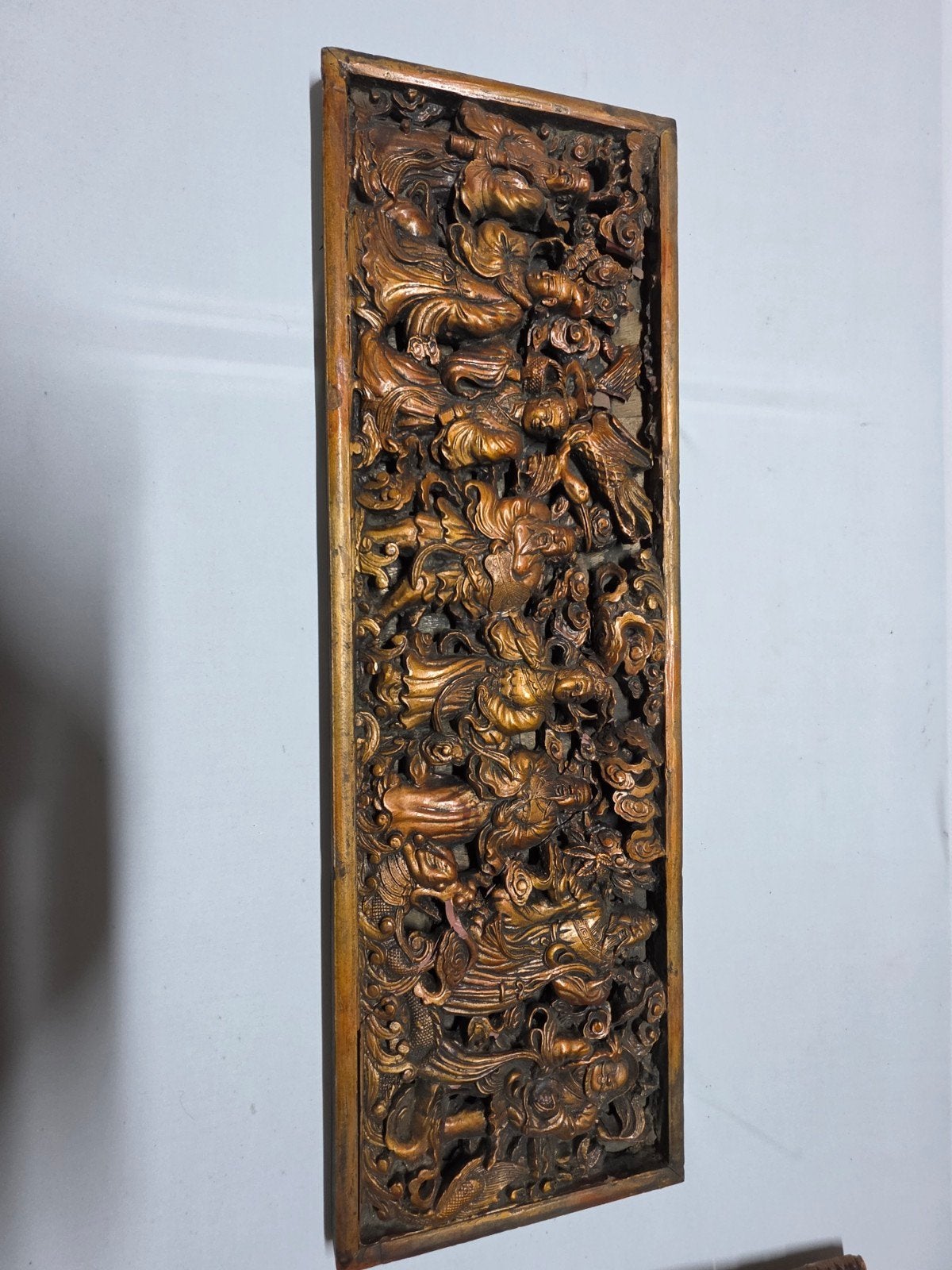 Antiek Chinees houtsnijwerk met figuren, ca 72 x 24 cm, Ophalen of Verzenden