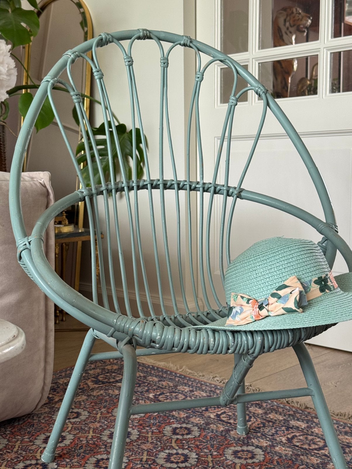 Stoel rotan blauw groen sixties seventies fauteuil bamboe, Ophalen