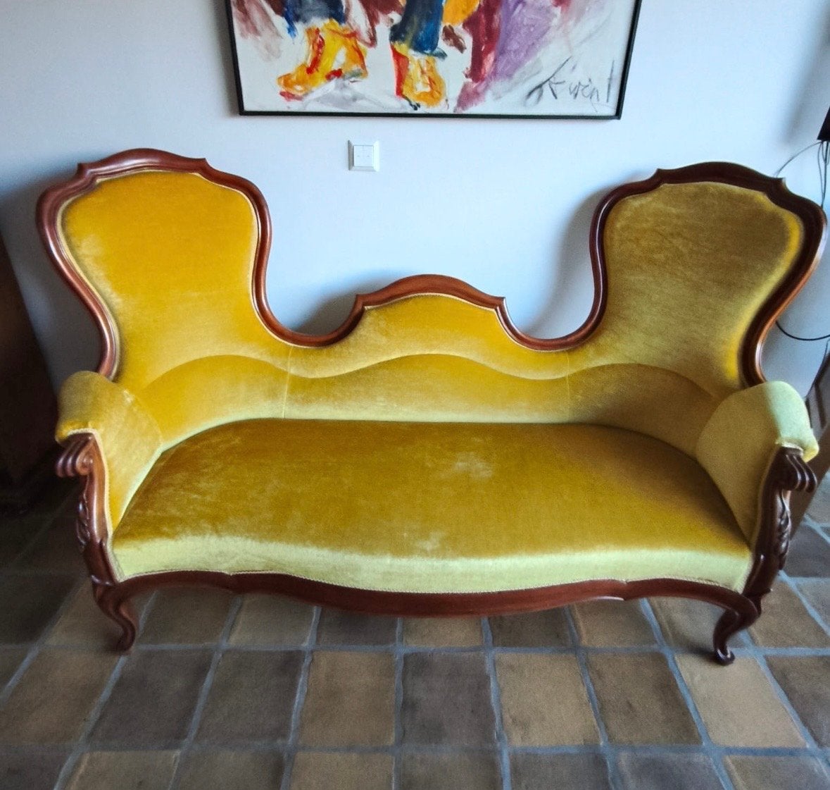 Antieke Biedermeier bank / canapé in geel velours, Antiek en Kunst, Ophalen