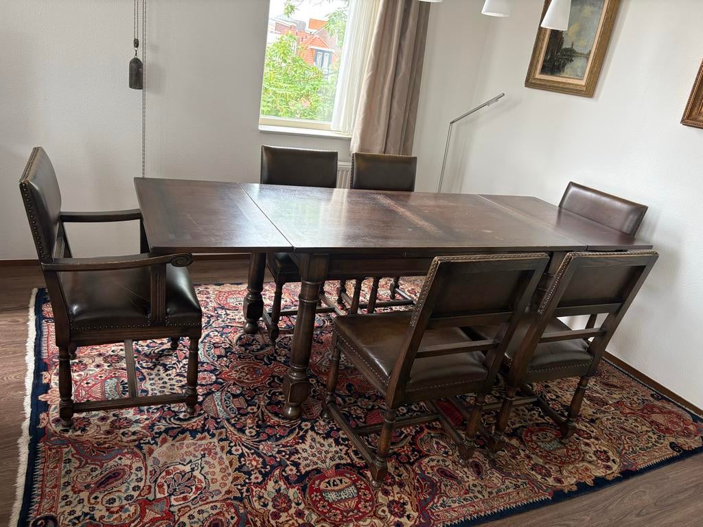 Antieke eettafel met 6 stoelen, Ophalen