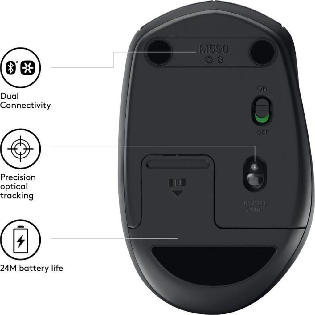 Logitech M590 Multi-Device - Silent Draadloze Muis - Zwart, Computers en Software, Muizen, Rechtshandig, Ergonomisch, Logitech