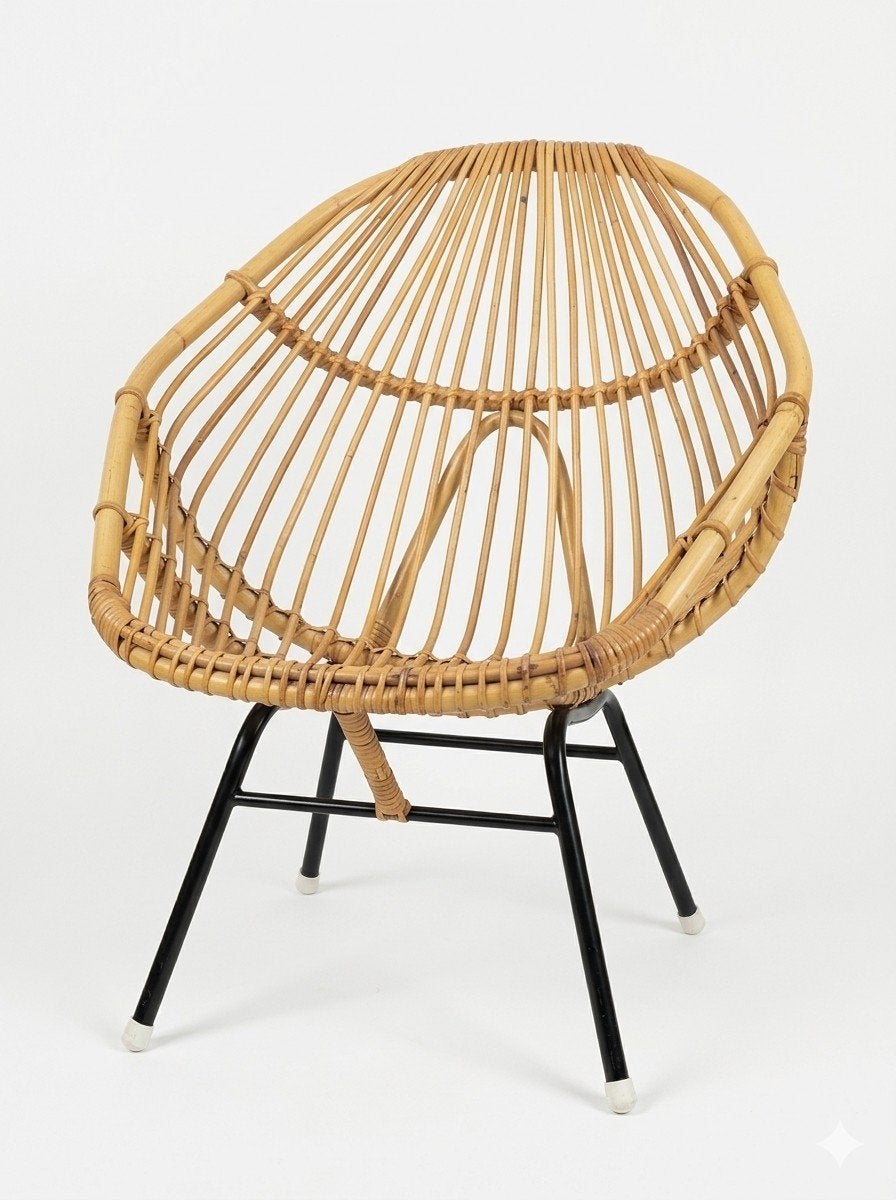 Rotan stoel met metalen onderstel, Ophalen, Gebruikt, Bruin, Bohemian, Modern