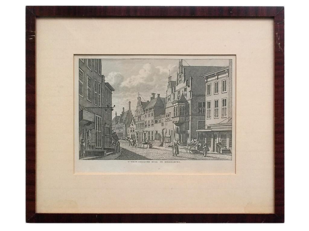 gravure 't West-Indische Huis te Middelburg, Ingelijst, Stadsgezicht, Ophalen of Verzenden, Gravure