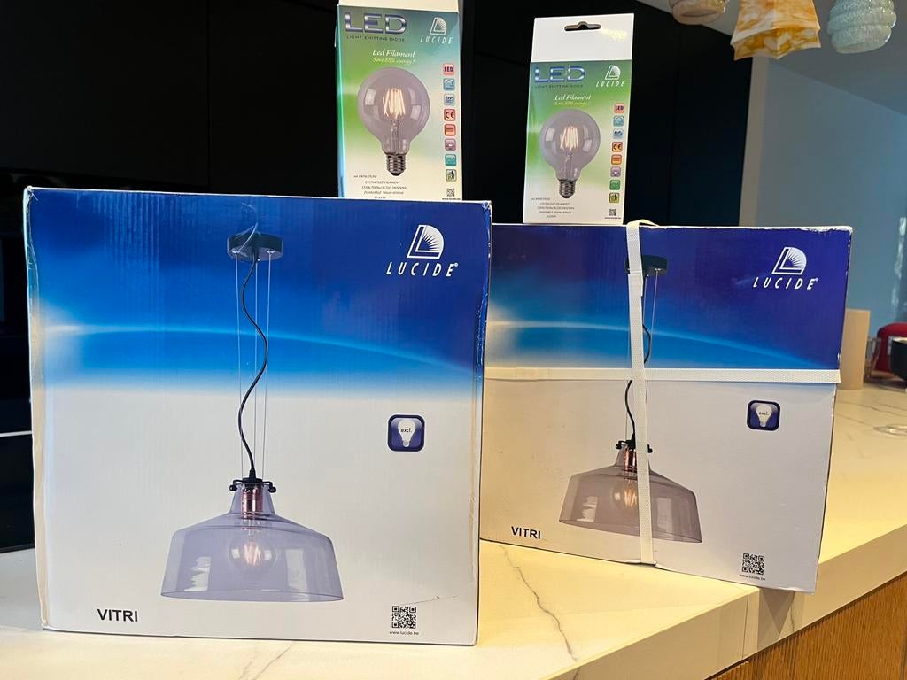 2 Lucide Vitri hanglampen en 2 lampen - Nieuw in doos, Ophalen, Nieuw, Glas, 75 cm of meer