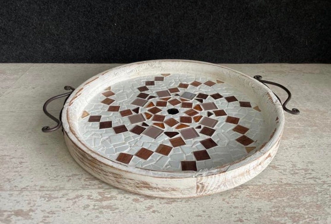 Rond dienblad met mozaïek en handvatten, Gebruikt, Rond, Ophalen of Verzenden, Dienblad