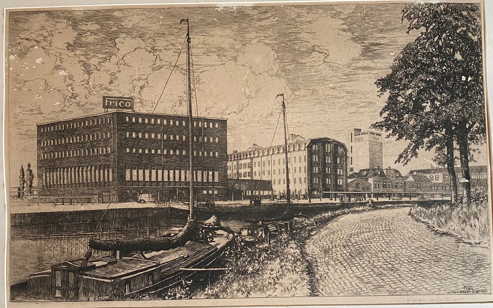Andries van der Sloot Ets Vliet Frico Leeuwarden 1938, Antiek en Kunst, Ets, Stadsgezicht, 41 cm, Origineel
