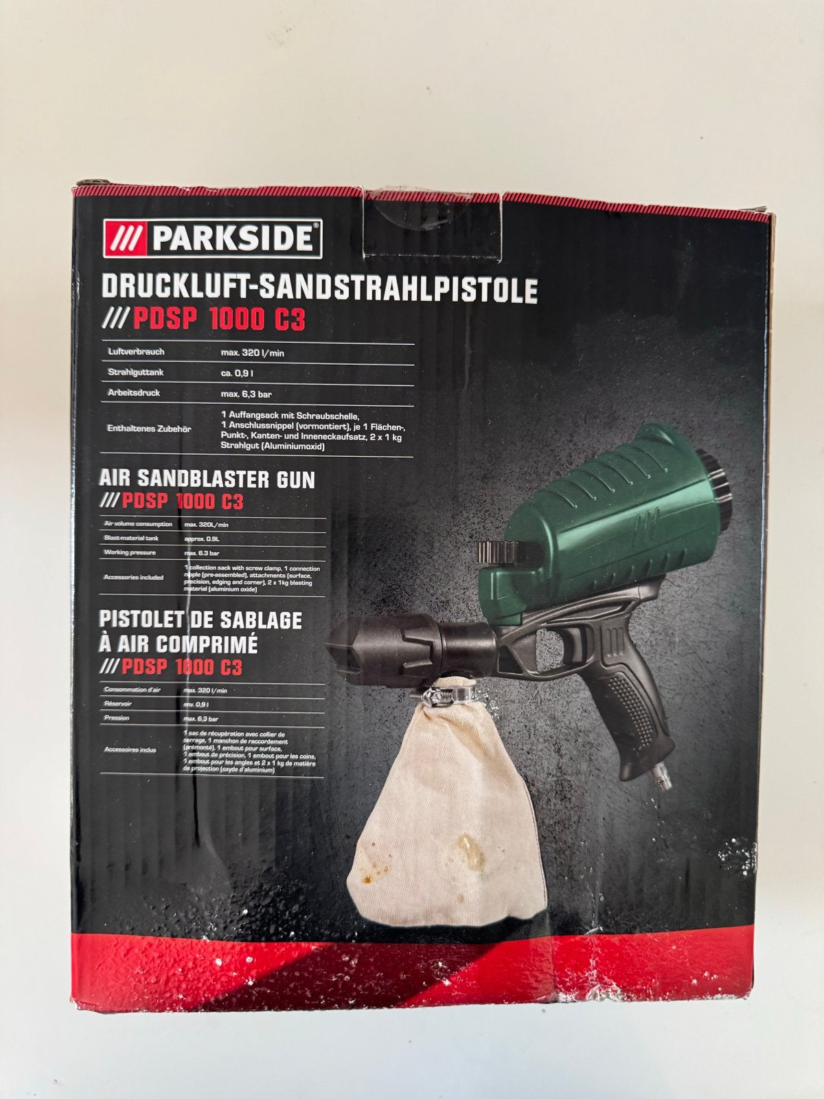 Parkside PDSP 1000 C3 Druk-lucht Zandstraalpistool, Doe-het-zelf en Verbouw, Ophalen of Verzenden, Zo goed als nieuw, Overige typen