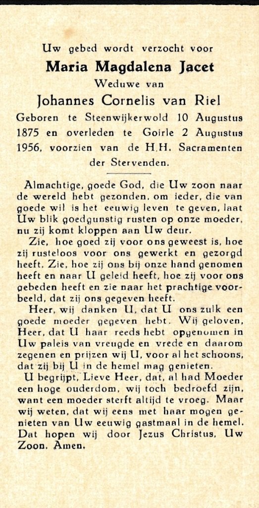 Jacet Maria 1875 Steenwijkerwold 1956 Goirle, Ophalen of Verzenden, Bidprentje