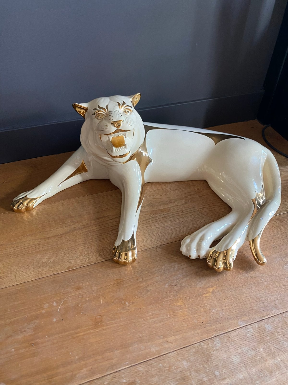 Ahura Grote XXL Witte Tijger Beeld met 24karaats Goud, Ophalen, Zo goed als nieuw, Modern, Wit