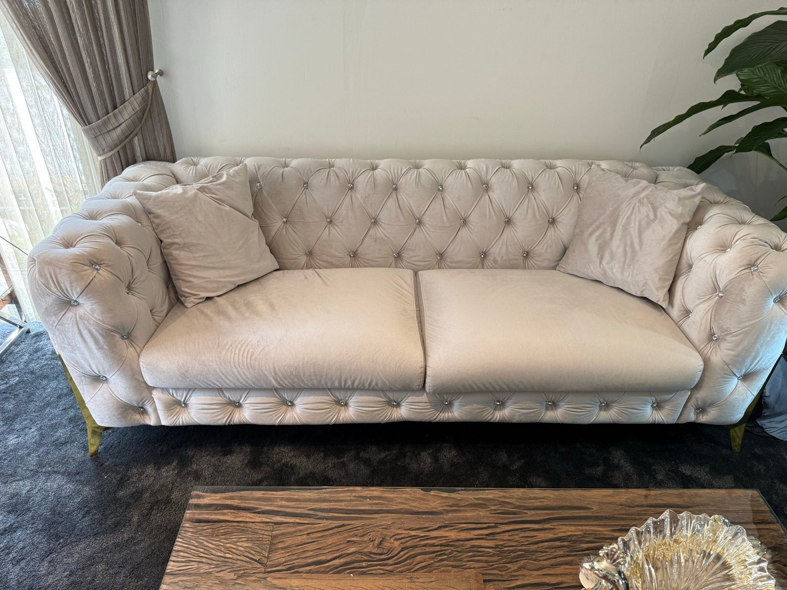 Luxe 3-zits bank en fauteuil set - Crème velours, Ophalen, Driepersoons, 75 tot 100 cm, Zo goed als nieuw