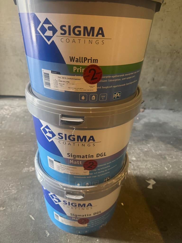 Sigma WallPrim en Sigmatin DGL Matt - 3x10L, Wit, Ophalen of Verzenden, 10 tot 15 liter, Verf