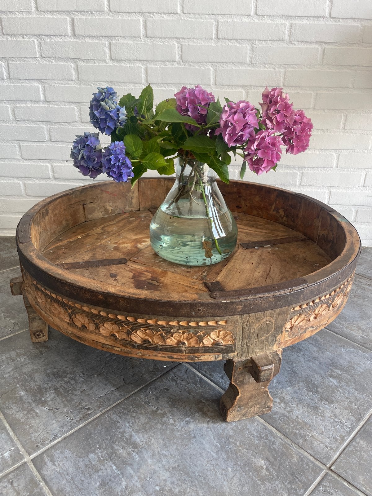 Salontafel hout oude grinder diameter 78 en hoogte 27, Gebruikt, Rond, 5 – 50, Overige houtsoorten