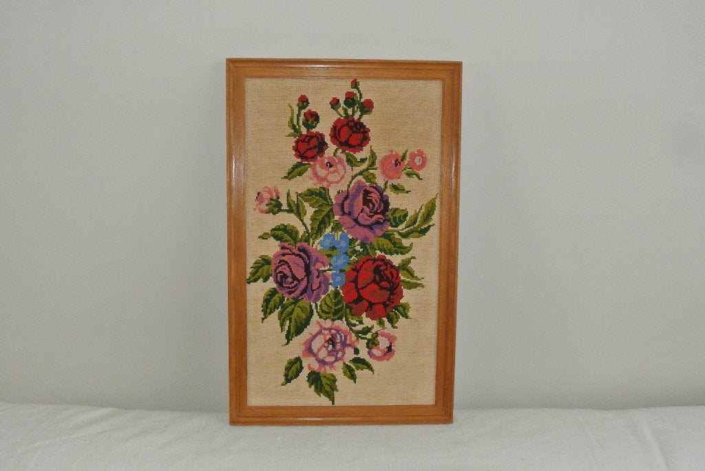 Geborduurd schilderij bloemen Vintage 59 x 37cm, Ophalen of Verzenden