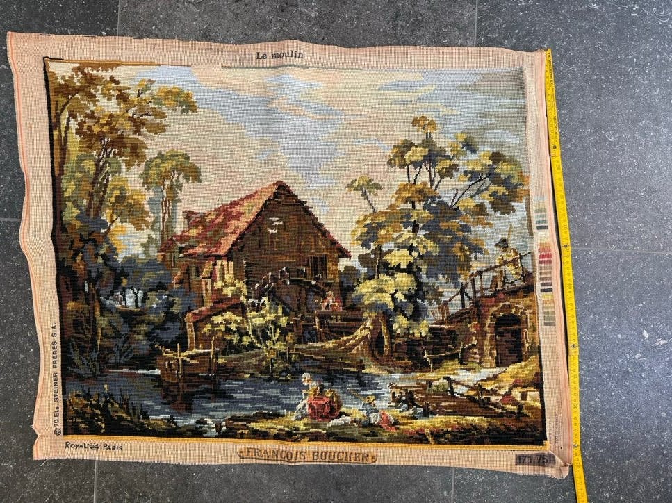 Geborduurd wandkleed 'Le Moulin' (De Molen) - 70x90 cm, Gebruikt, Verzenden, Meerkleurig, Klassiek