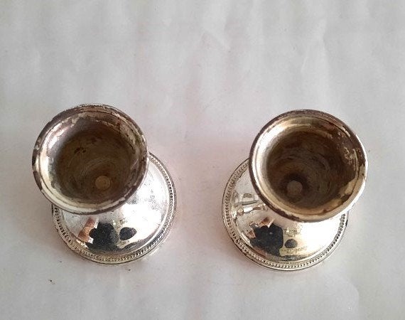 Paar vintage verzilverde Dwergkandelaars met Parelrand (854), Ophalen of Verzenden, Zo goed als nieuw, Metaal, Kandelaar