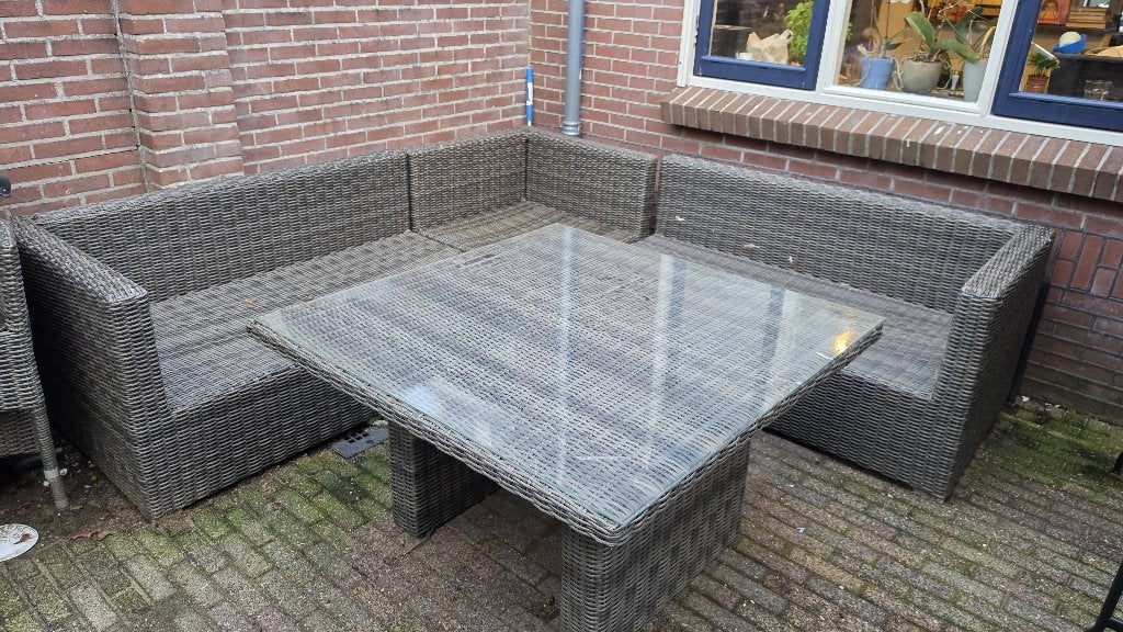 Gratis: complete tuinset met hoekbank en kussens, Ophalen, 5 zitplaatsen, Gebruikt, Loungeset