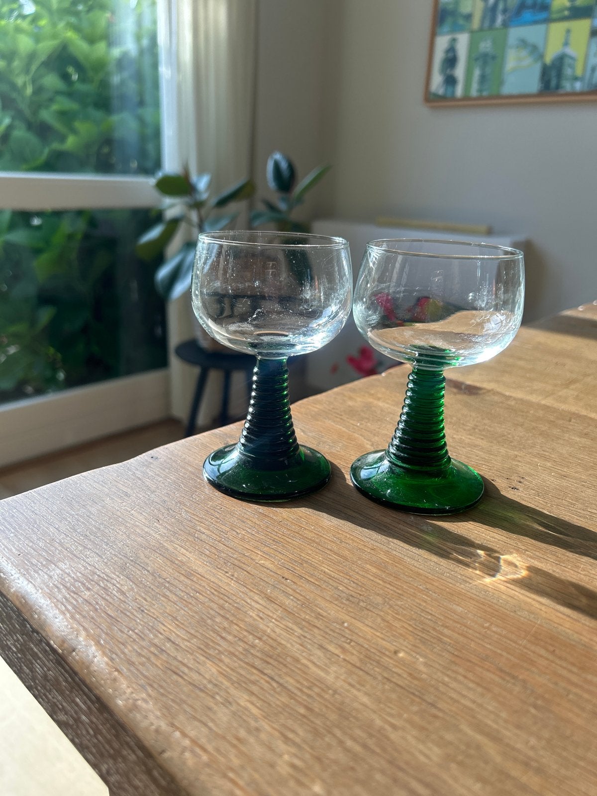 Set van 2 vintage groene roemers wijnglazen, Ophalen of Verzenden