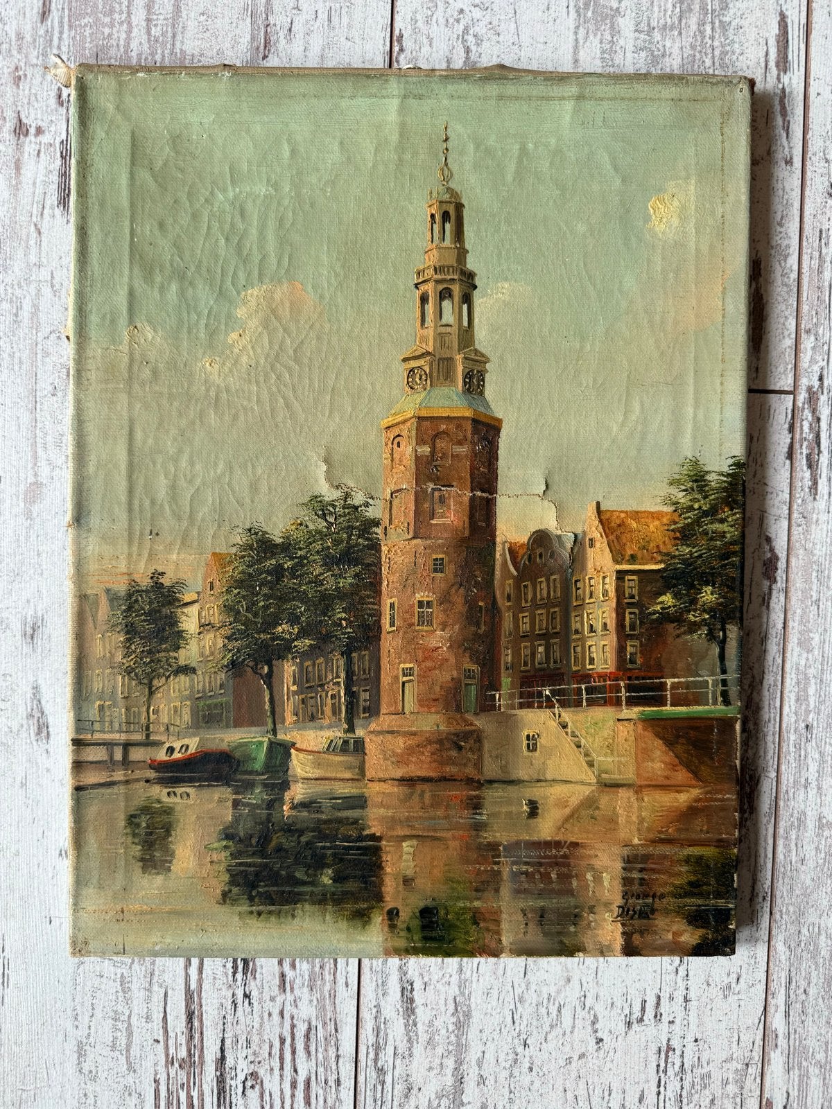 Olieverfschilderij Montelbaanstoren Amsterdam - George Jan D, Doek, Realistisch, Ophalen of Verzenden, Gesigneerd