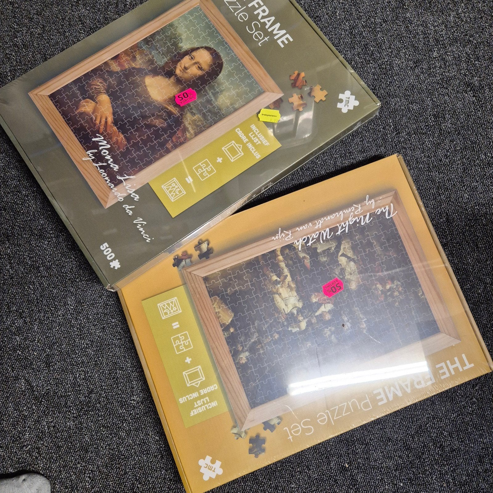 Mona Lisa & Nachtwacht Puzzel Set met Lijst (500 stukjes), Ophalen of Verzenden, 500 t/m 1500 stukjes, Nieuw, Legpuzzel
