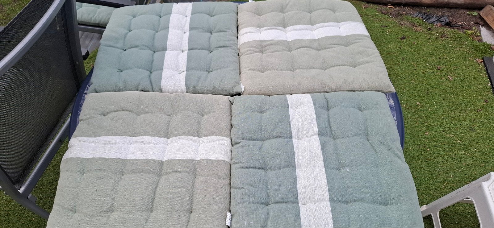 6 zware stoelkussen 2 tinten groen 45x45, Tuin en Terras, Ophalen, Gebruikt