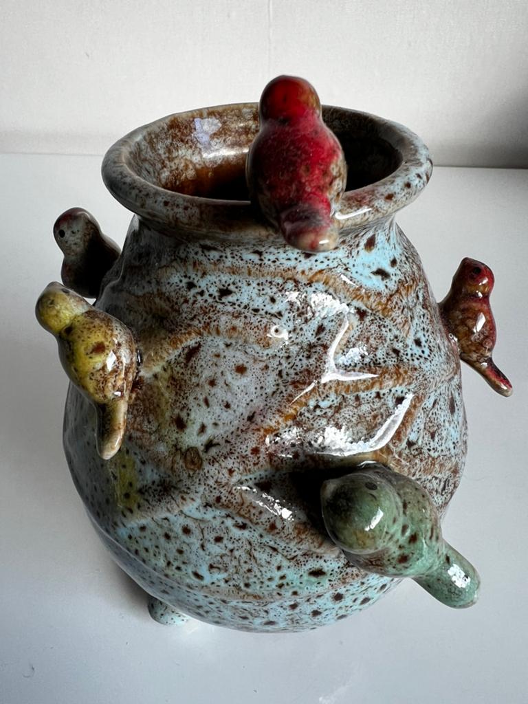 Daan Kromhout Vogeltjesvaas Turquoise Groen Keramiek, Huis en Inrichting, Woonaccessoires | Vazen, Overige kleuren, Aardewerk of Porselein