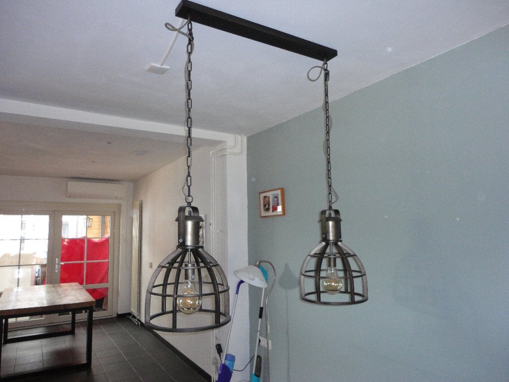 Dubbele Stalen Hanglamp, Ophalen, Zo goed als nieuw, Metaal, 75 cm of meer