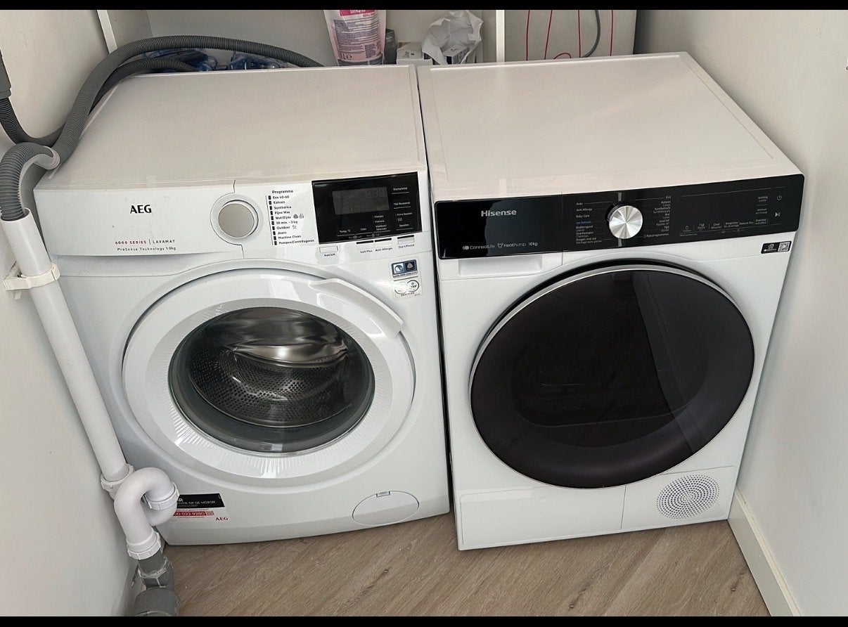 Wasmachine (AEG 8kg) en Droger (Hisense 10kg) Set, Witgoed en Apparatuur, Wasmachines, Ophalen, 1200 tot 1600 toeren, Gebruikt