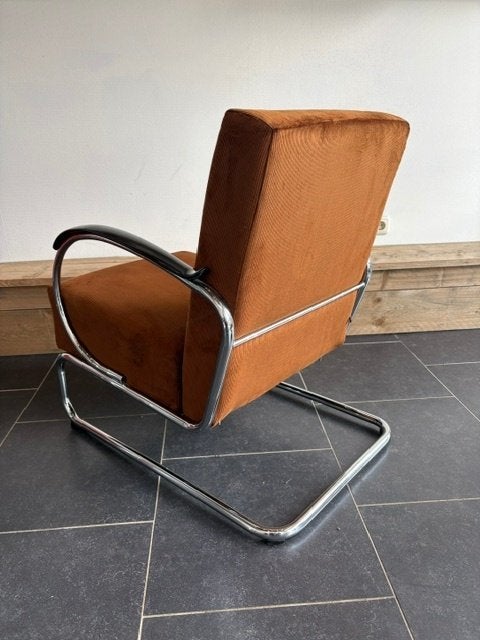 Gispen 407 fauteuil. chroom, nieuwe goudbruine ribstof, Huis en Inrichting, Fauteuils, Design, 75 tot 100 cm, Zo goed als nieuw