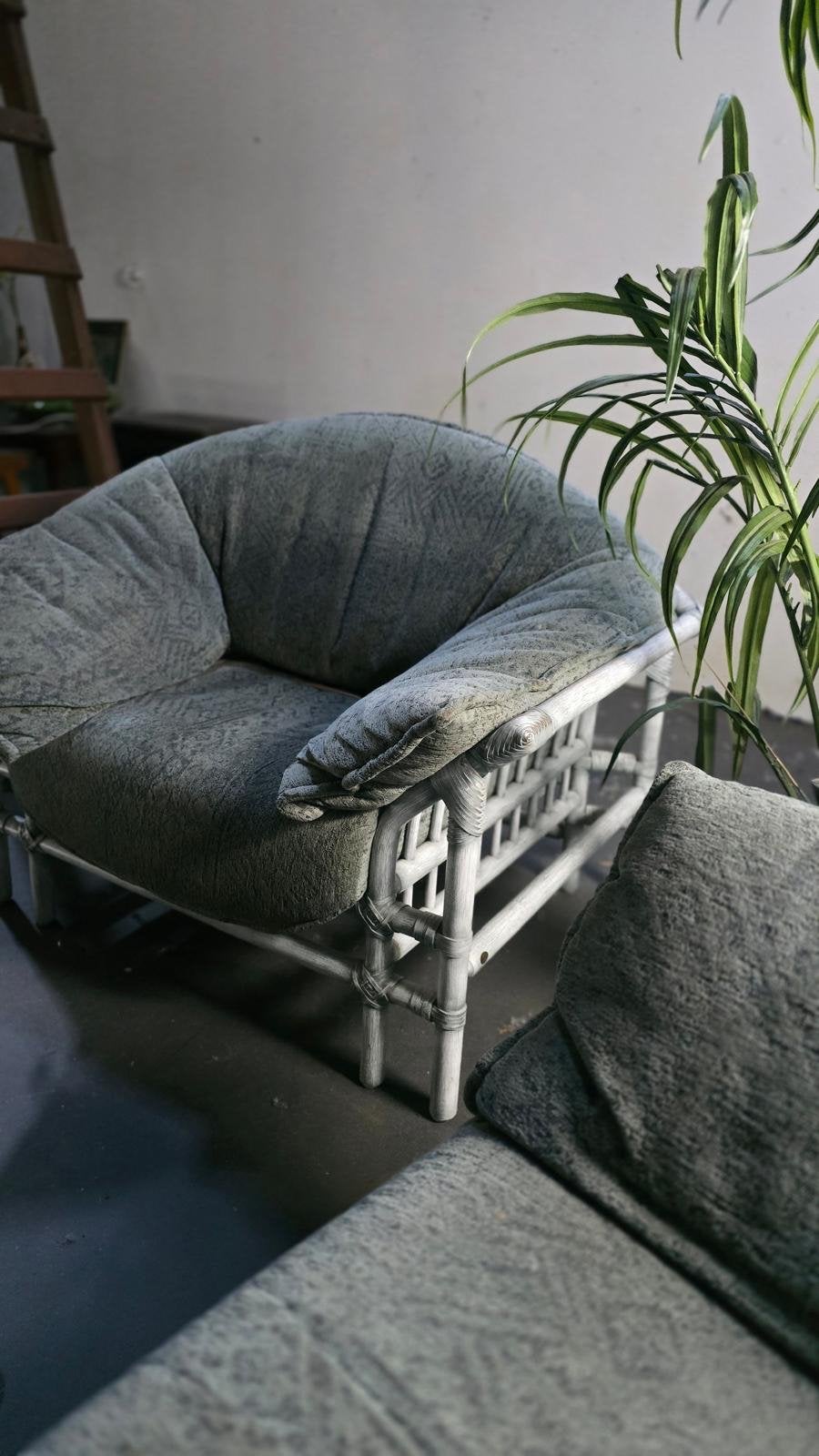 Vintage rotan fauteuil met kussens 2 zits en 1 fauteuil, Huis en Inrichting, Banken | Sofa's en Chaises Longues, Ophalen, Gebruikt