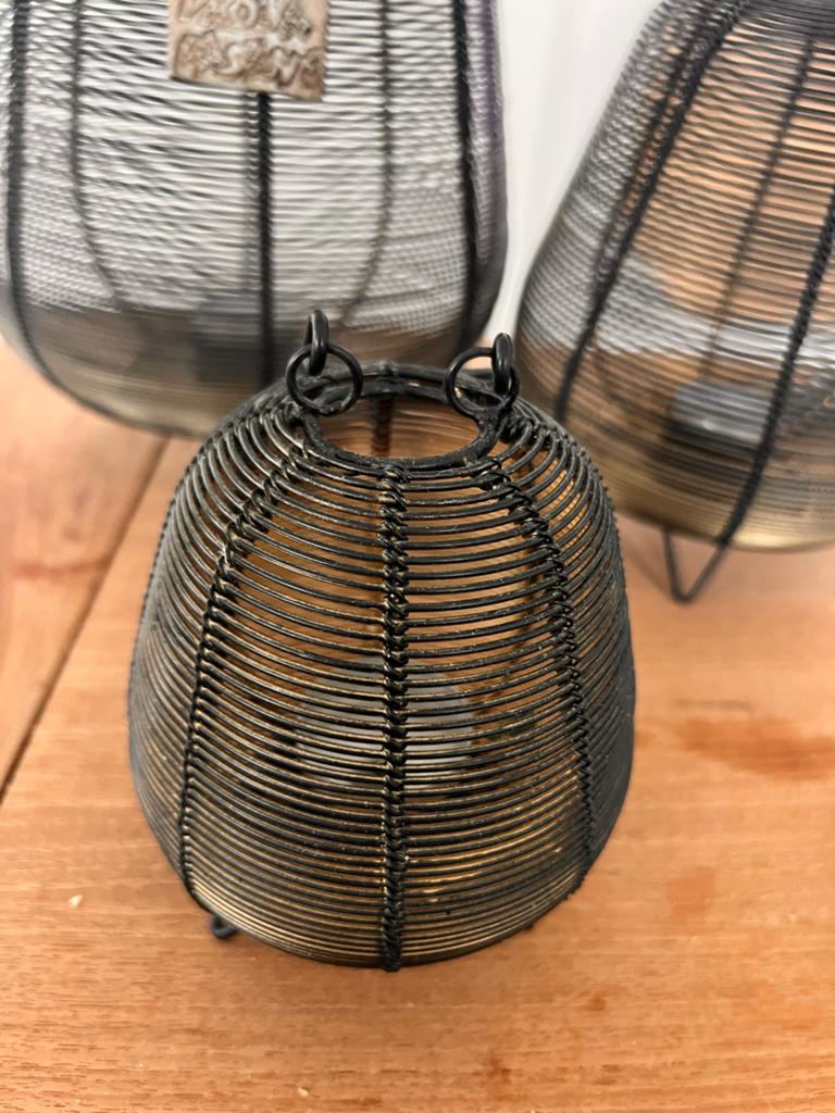 Set van 3 zwarte windlichten met gouden gloed, Gebruikt, 25 tot 50 cm, Zwart, Ophalen of Verzenden